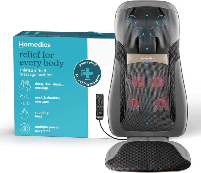 Homedics Back Massager with Heat, Shiatsu Elite II Heated Neck and Back Massage Cushion. 3 Different Massage Styles and 3 Massage Zones. Comes with Controller and Chair Straps