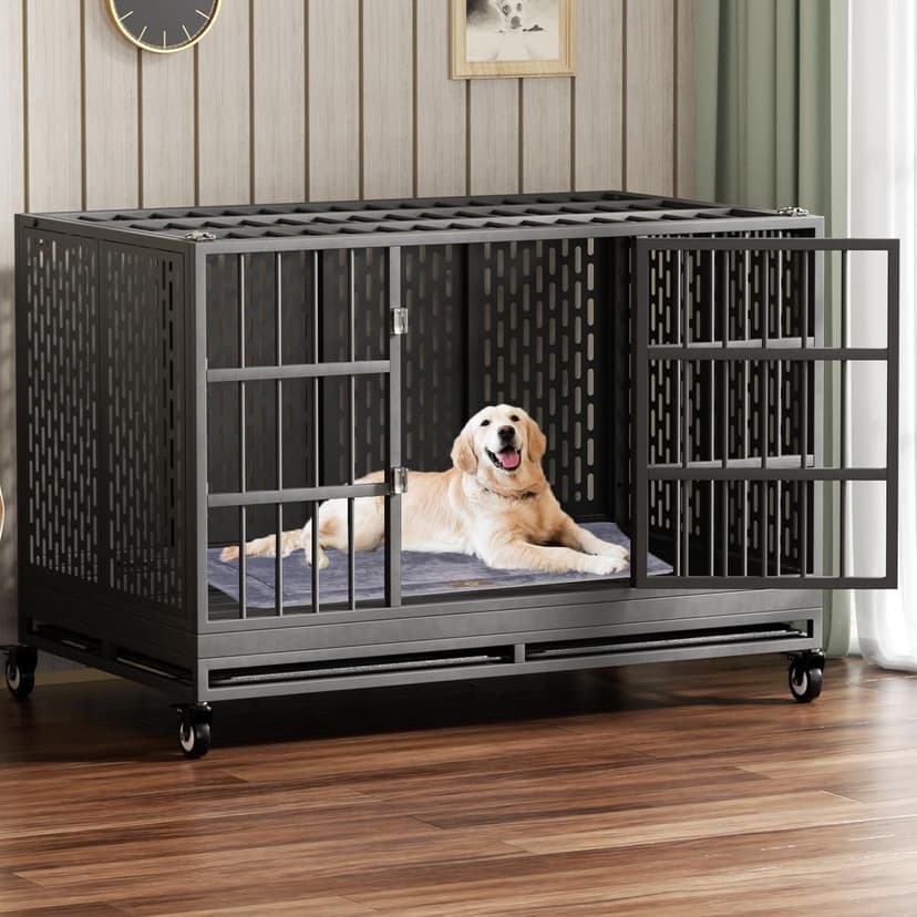 48/42/38 Inch Heavy Duty Dog Crate with Wheels, Folding Metal Big Dog Cage for Large and Medium Dogs, Extra Large XL XXL Indestructible Dog Crate with Removable Tray.