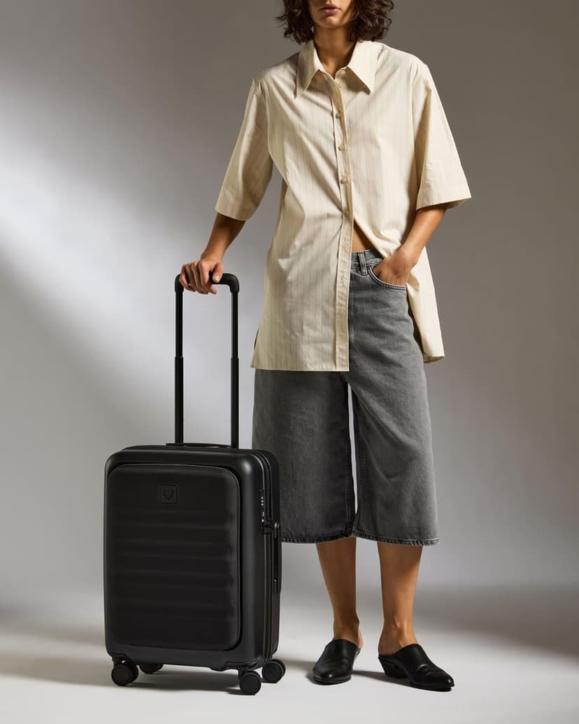 Icon Stripe Hardside Carry On Luggage with Pocket, 21.7x15.7x9.4 Inch, 47L - Lightweight, 4 Spinner Wheels, Adjustable Handle, External Front Pocket, Small Suitcase, TSA Lock - Black