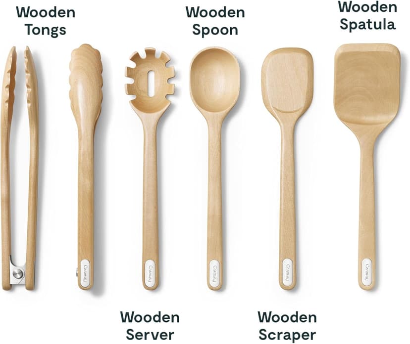 Caraway 14-Piece Kitchen Prep Set - Kitchen Knife Set & Wooden Utensil Set - Made With Premium German Steel Blades & FSC-Certified Birch Wood - Non-Toxic Materials - Includes Organizer - Cream