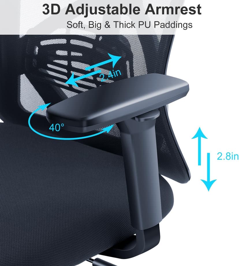 Ticova Ergonomic Office Chair - High Back Desk Chair with Adjustable Lumbar Support, Headrest & 3D Armrest - 130°Rocking Mesh Computer Chair