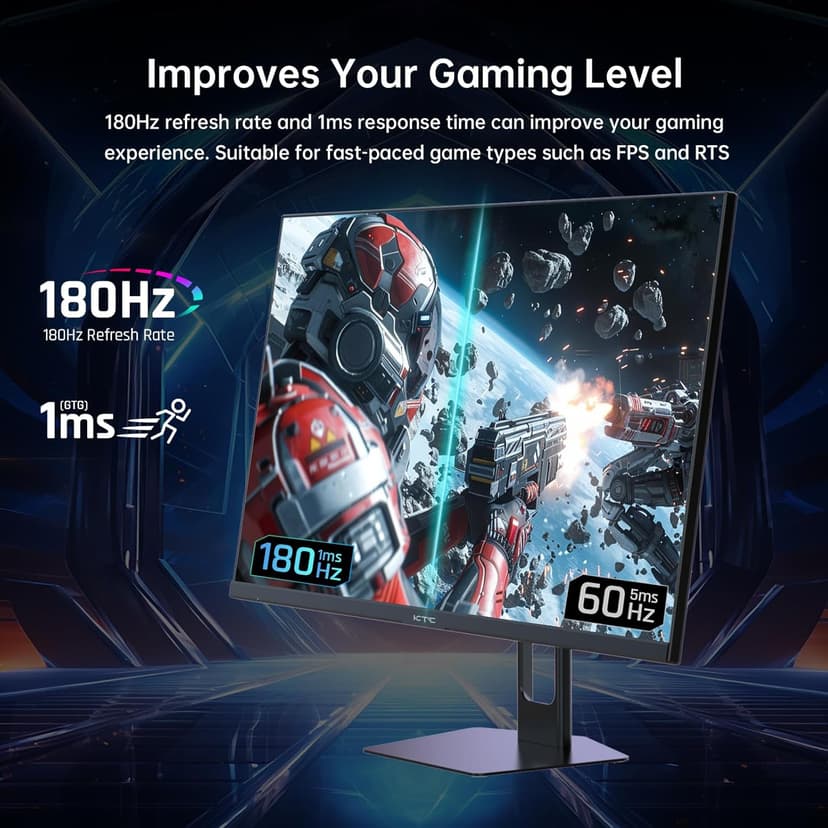 KTC 27 Inch QHD Gaming Monitor, 180Hz 1ms GTG Fast IPS 2K Computer Gamer Monitor, 1440P HDR Frameless Monitor with Adaptive Sync, Tilt Adjustment, VESA Compatible, Eye Care, DisplayPort HDMI, H27T22S