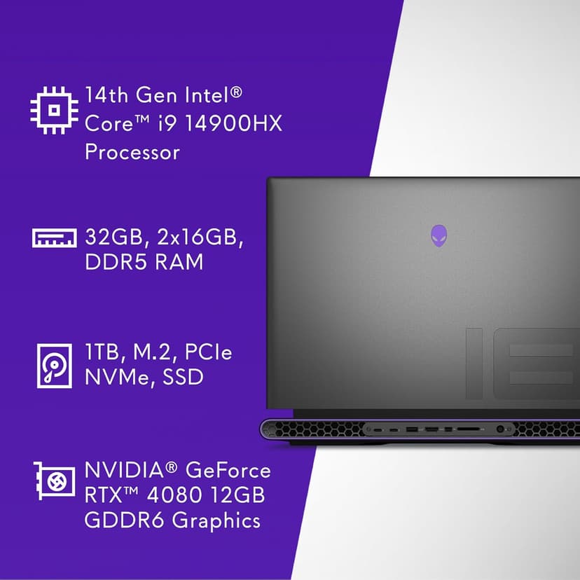 Alienware M18 R2 Gaming Laptop - 18 QHD+ 165Hz 3ms Display, Intel Core i9-14900HX, 32GB DDR5 RAM, 1TB SSD, NVIDIA GeForce RTX 4080 12 GB GDDR6, Windows 11 Home, Onsite Service - Dark Metallic Moon
