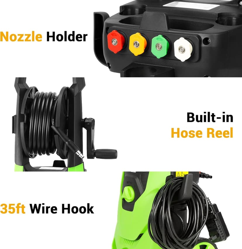 Rock&Rocker Electric Pressure Washer, Power Washer 2150PSI Max 2.6 GPM Power Washer with Hose Reel, 4 Quick Connect Nozzles, Soap Tank, for Fence, Green (HRX14P-2)