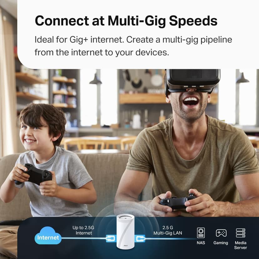 TP-Link 𝐃𝐞𝐜𝐨 BE63 Tri-Band WiFi 7 BE10000 Whole Home Mesh System- 6-Stream 10 Gbps, 4x2.5G Ports Wired Backhaul, 4X Smart Internal Antennas, VPN, MU-MIMO, HomeShield, Free Expert Support (2-Pack)