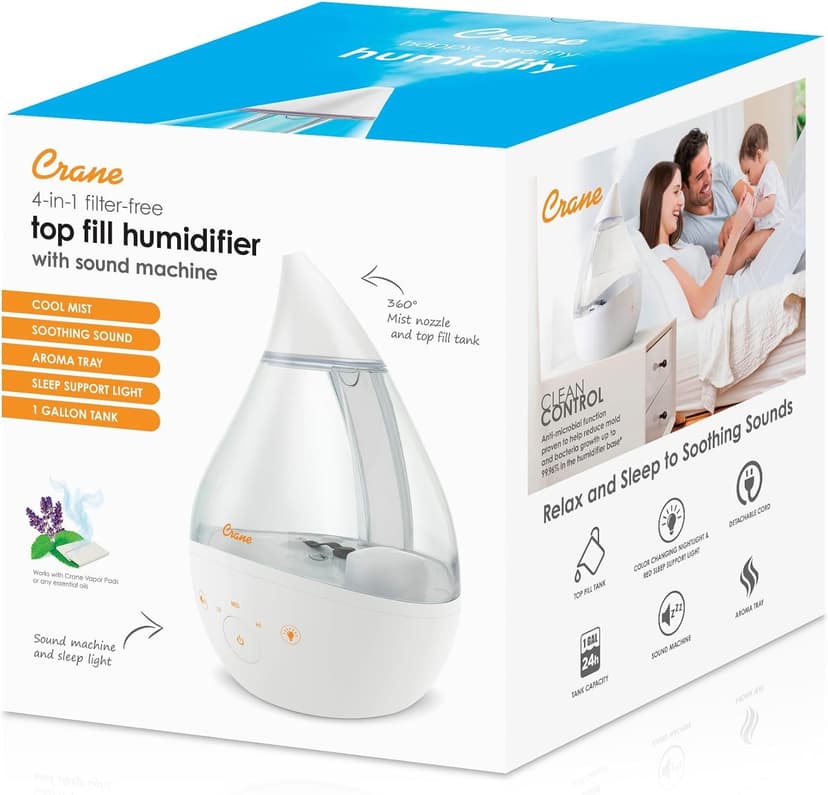 Crane White Drop 4 in 1 Ultrasonic Cool Mist Top Fill Humidifier with Sound Machine, 1 Gallon Tank, For Large Rooms, Clear and White, Baby Nursery Humidifier