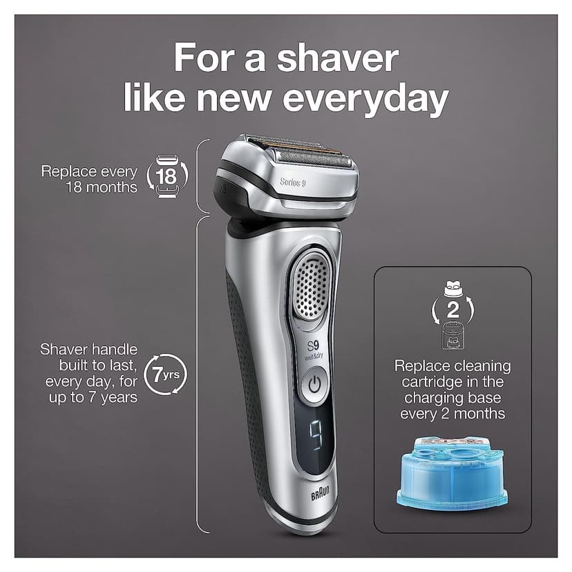 Braun Electric Razor for Men, Waterproof Foil Shaver, Series 9 9390cc, Wet & Dry Shave, with Pop-Up Beard Trimmer for Grooming, Cleaning & Charging SmartCare Center and Leather Travel Case, Silver