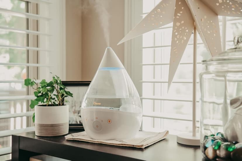 Crane White Drop 4 in 1 Ultrasonic Cool Mist Top Fill Humidifier with Sound Machine, 1 Gallon Tank, For Large Rooms, Clear and White, Baby Nursery Humidifier