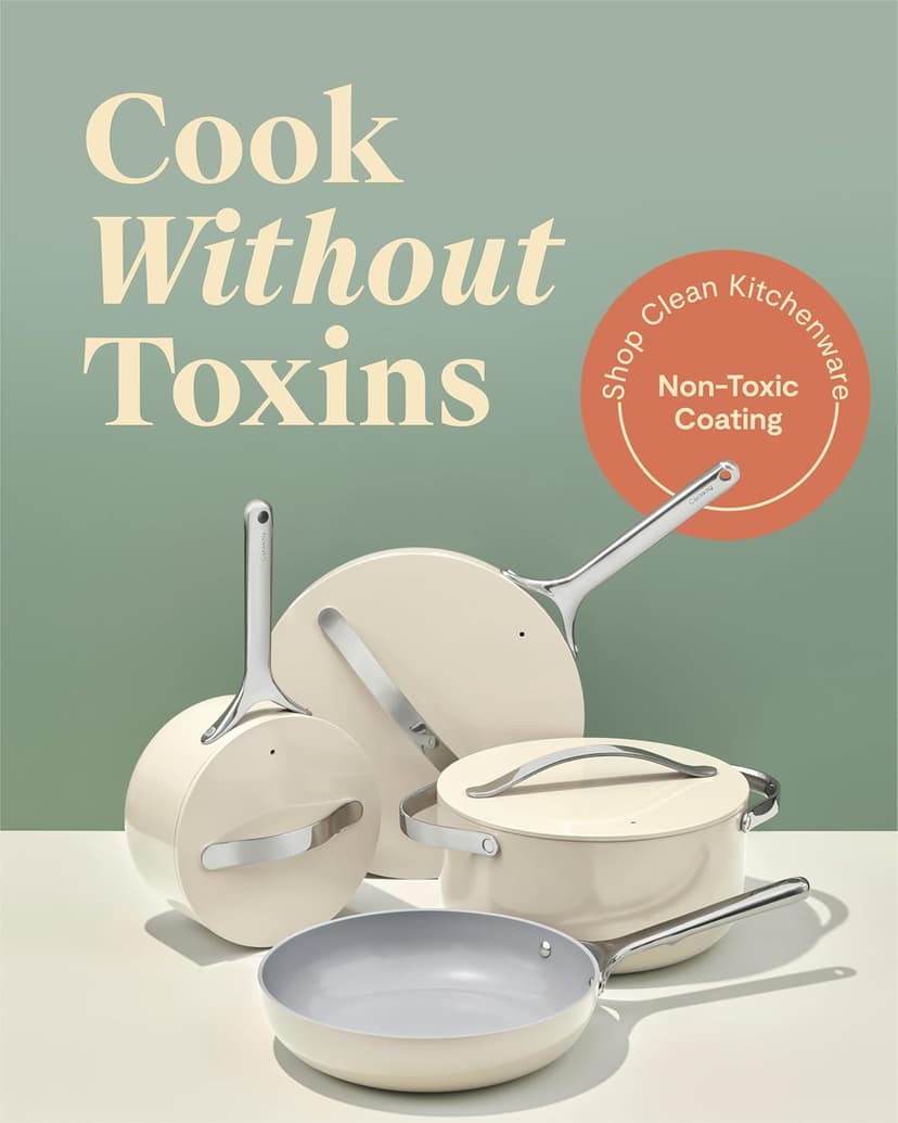 Caraway Nonstick Ceramic Cookware Set (12 Piece) Pots, Pans, Lids and Kitchen Storage - Non Toxic - Oven Safe & Compatible with All Stovetops - Cream