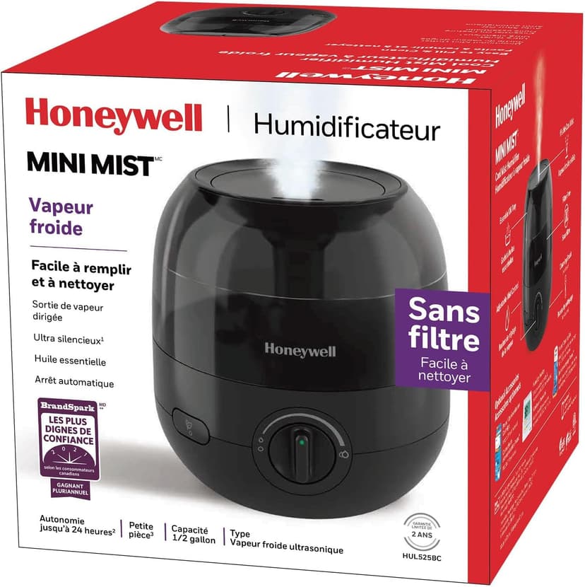 Honeywell HUL525BC Mini Mist™ Ultrasonic Cool Mist Humidifier, Black, with Essential Oil Tray, Variable Output Control, Auto Shut-off, Ultra Quiet Operation, Directional Mist Outlet, Cool Visible Mist