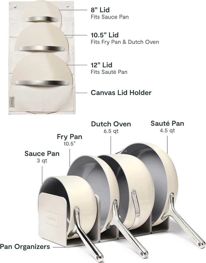 Caraway Nonstick Ceramic Cookware Set (12 Piece) Pots, Pans, Lids and Kitchen Storage - Non Toxic - Oven Safe & Compatible with All Stovetops - Cream