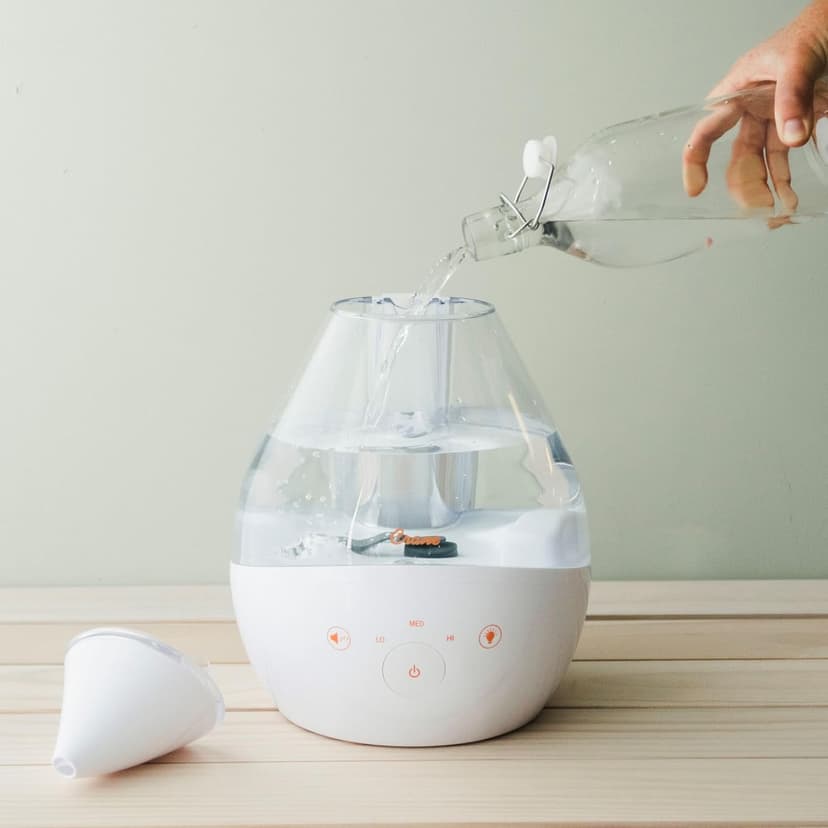 Crane White Drop 4 in 1 Ultrasonic Cool Mist Top Fill Humidifier with Sound Machine, 1 Gallon Tank, For Large Rooms, Clear and White, Baby Nursery Humidifier