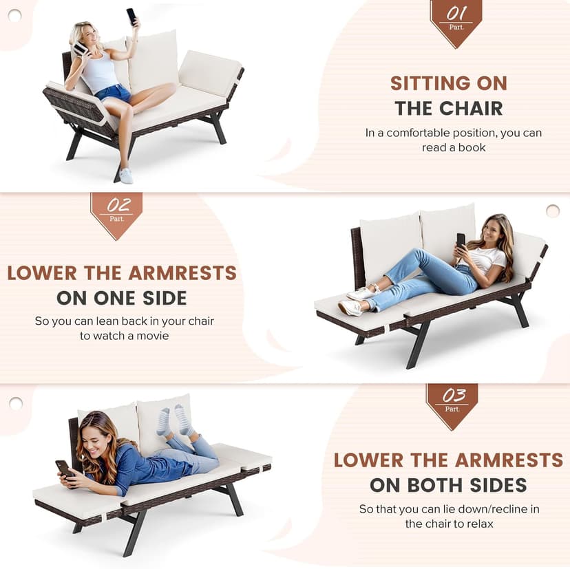 Flamaker Outdoor Convertible Sofa, Woven Rattan Patio Furniture Sunbed with Adjustable Armrests, Removable Cushions and Pillows for Patio, Porch, Pool (Brown Lounger & Beige Pillowcase)