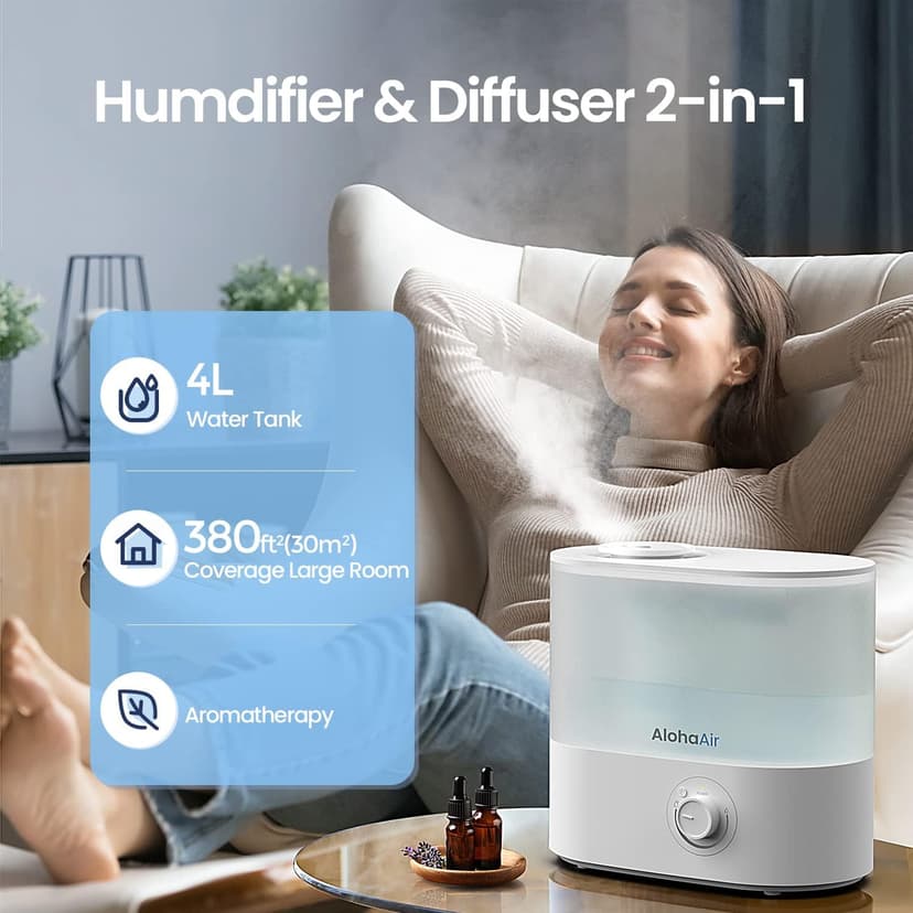 Humidifiers for Bedroom, Cool Mist Top Fill Essential Oil Diffuser, 7 Color Lights, Quiet, 360° Nozzle, Auto Shut-Off, (White)