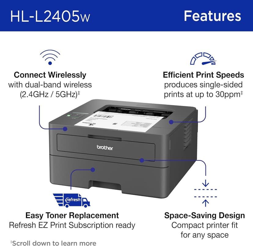 Brother HL-L2405W Wireless Compact Monochrome Laser Printer with Mobile Printing, Black & White Output | Includes Refresh Subscription Trial(1), Works with Alexa