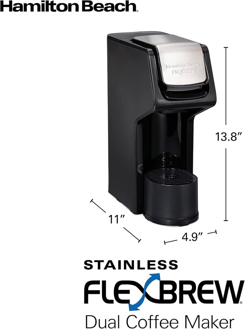 Hamilton Beach 49918 FlexBrew Single-Serve Coffee Maker Compatible with Pod Packs and Grounds, 14 oz, Black, Stainless - Fast Brew