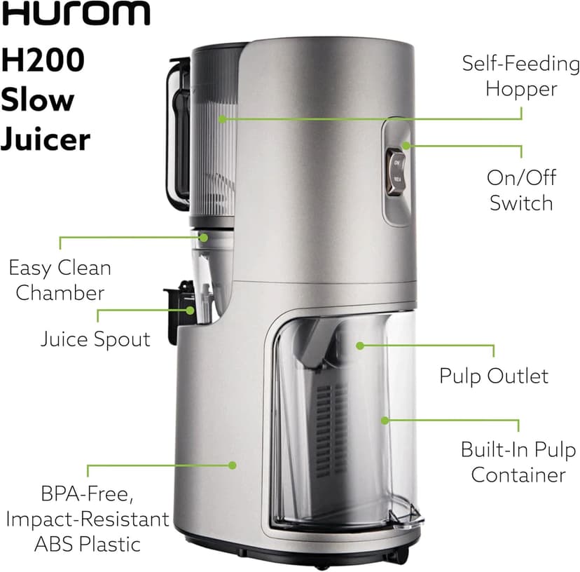 Hurom H-200 Electronic Slow Juicer Machine (Silver) - Self Feeding w Big Mouth Hopper to Fit Whole Fruits & Vegetables - Healthy Living - Easy Rinse Clean No Scrub BPA Free Easy Assembly