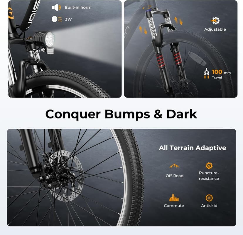 Jasion EB5 Electric Bike for Adults with Peak 500W Brushless Motor, 40Miles 20MPH Commuting Electric Mountain Bike with 360Wh Removable Battery, 7-Speed, 26" Tires and Front Fork Suspension