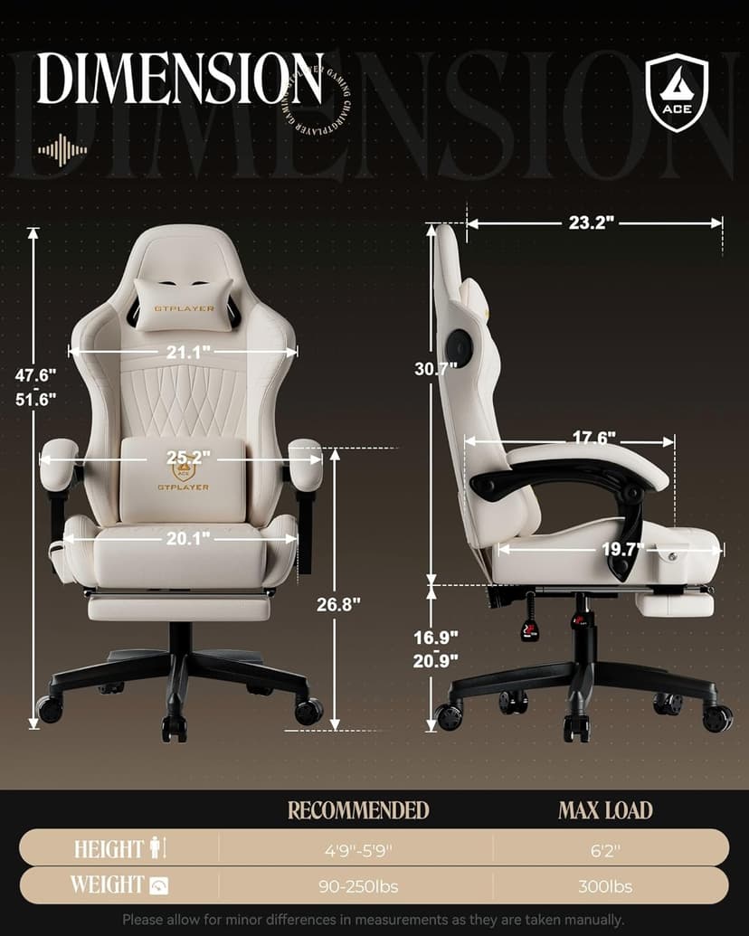 GTPLAYER Gaming Chair with Speakers, Video Game Chairs with Footrest, PC Gamer Chairs for Adults - Padded High Back Ergonomic Reclining Silla Gamer, Linkage Armrest, Ace Pro, Ivory