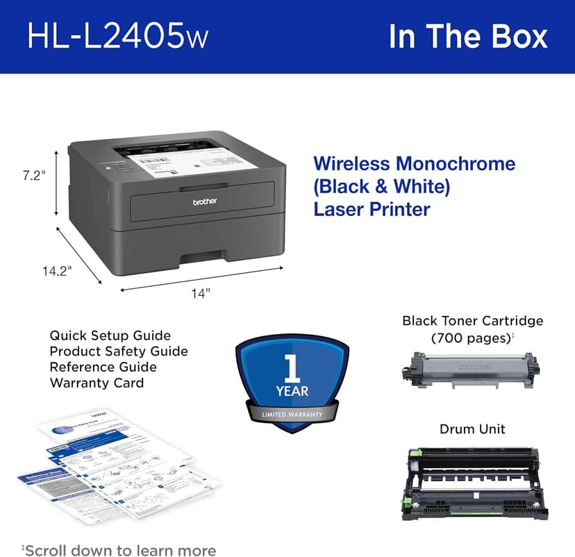 Brother HL-L2405W Wireless Compact Monochrome Laser Printer with Mobile Printing, Black & White Output | Includes Refresh Subscription Trial(1), Works with Alexa