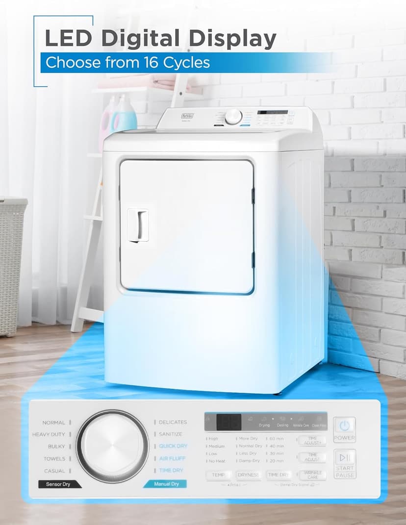 BLACK+DECKER 7.0 Cu. Ft. Front Load Dryer, Clothes Dryer with LED Display and Dial Control, 5 Senor and Manual Dry Selections, Wrinkle Care, 240V, BLD67ME, White