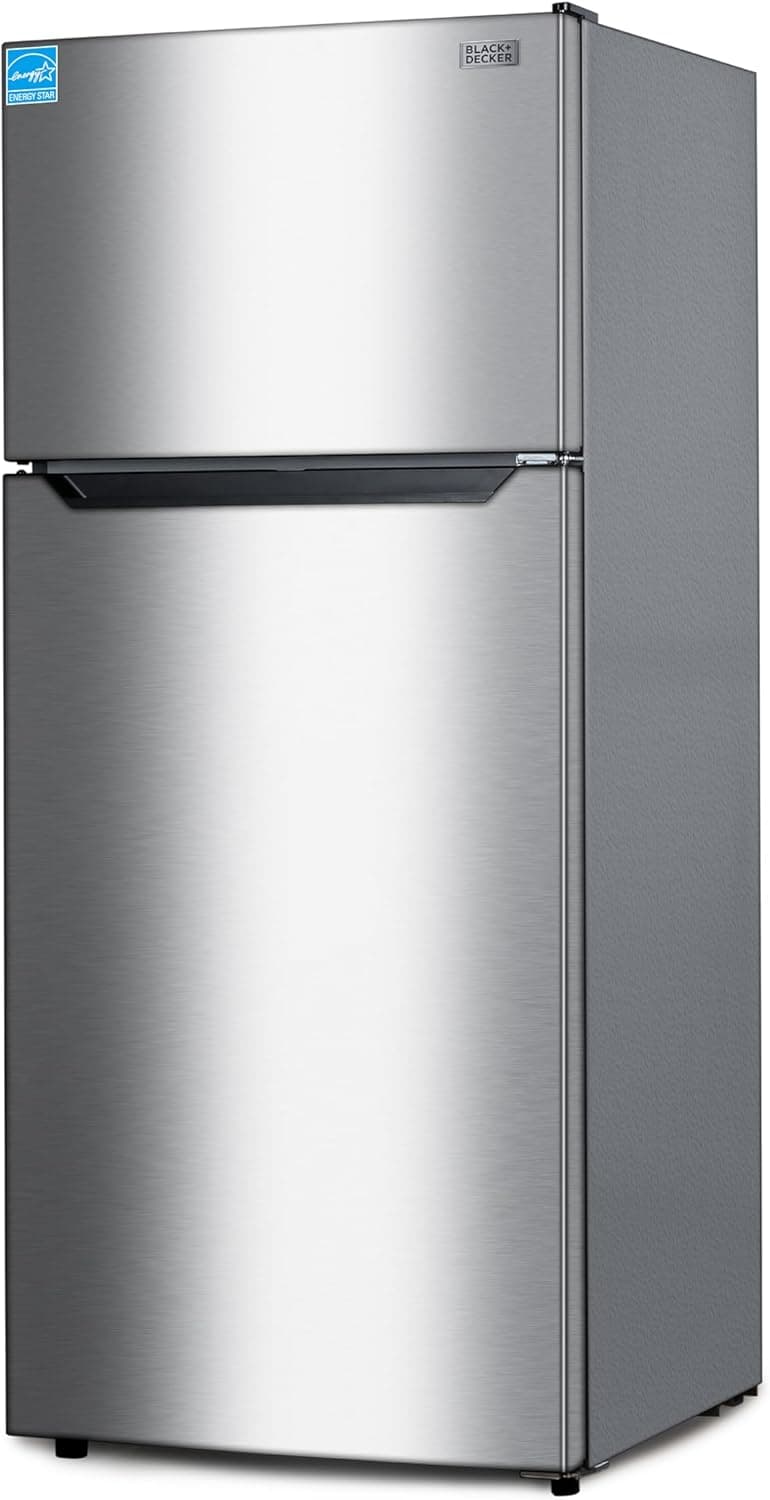 BLACK+DECKER 14.6 Cu. Ft. Top Mount Refrigerator with Freezer, 2 Door Refrigerator with Top Freezer and Adjustable Temperature Control, ENERGY STAR, BR1460HS, Stainless Steel Look