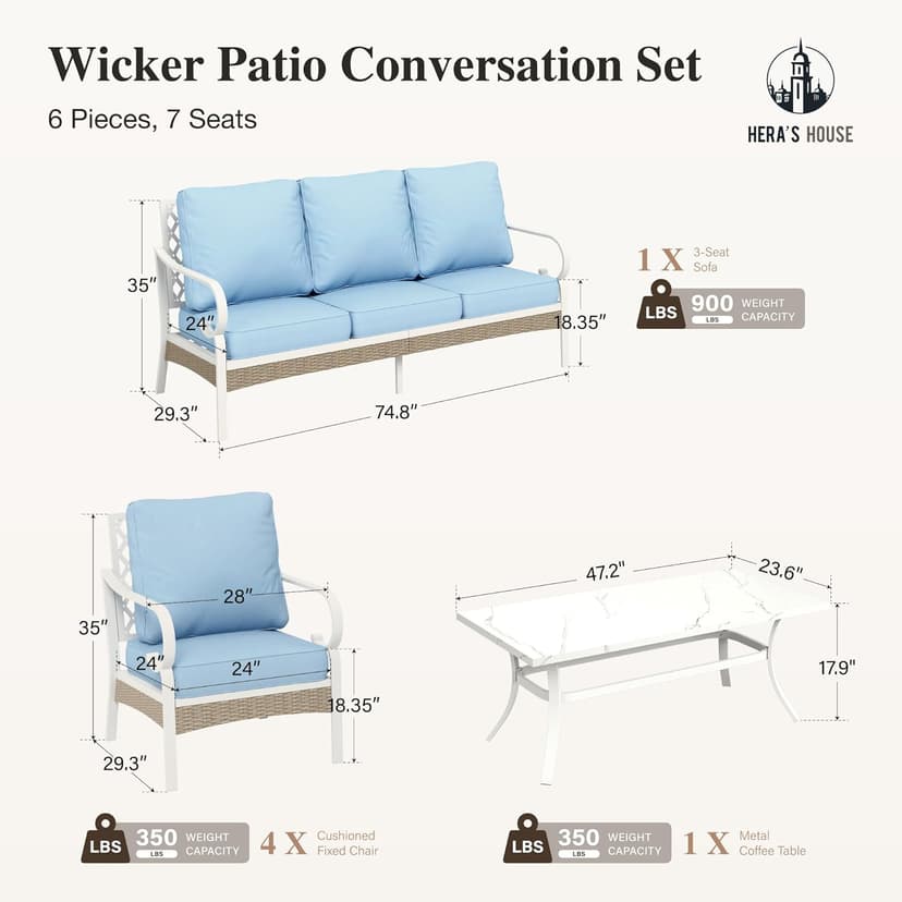 HERA'S HOUSE 5 Piece Metal Patio Furniture Set, 7 Seats All Weather Outdoor Conversation Set, 3 Seat Sofa with Loveseat, 2 Fixed Chairs, Coffee Table for Backyard, Garden, Deck, White/Blue