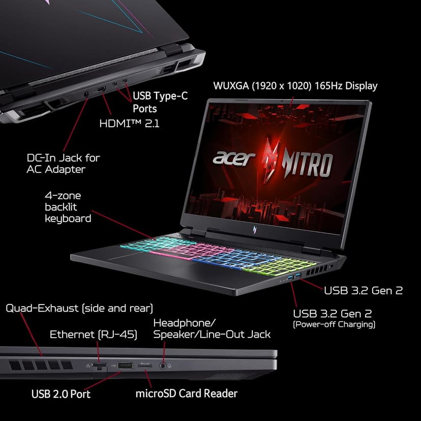 Acer Nitro 16 Gaming Laptop | AMD Ryzen 7 7840HS OctaCore CPU | NVIDIA GeForce RTX 4060 Laptop GPU | 16" WUXGA 165Hz IPS Display | 16GB DDR5 | 512GB Gen 4 SSD | WiFi 6E | RGB Backlit KB | AN16-41-R1WE