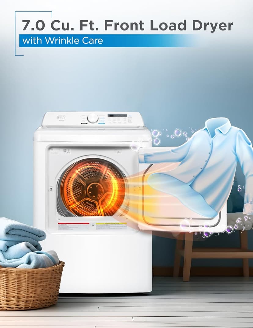 BLACK+DECKER 7.0 Cu. Ft. Front Load Dryer, Clothes Dryer with LED Display and Dial Control, 5 Senor and Manual Dry Selections, Wrinkle Care, 240V, BLD67ME, White