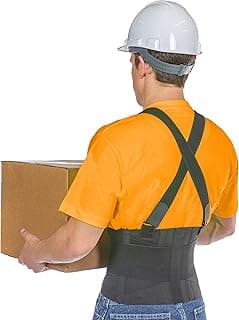 BraceAbility Work Back Brace - Industrial Lower Back Pain Protection Belt for Men and Women, Construction, Moving, Warehouse Jobs - Removable Suspender Shoulder Straps for Heavy Lifting Safety (L)