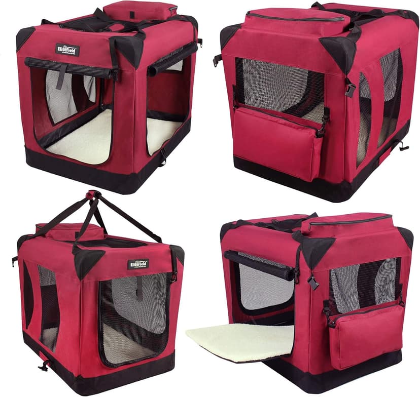 EliteField 3-Door Folding Soft Dog Crate with Carrying Bag and Fleece Bed (2 Year Warranty), Indoor & Outdoor Pet Home (20" L x 14" W x 14" H, Maroon)