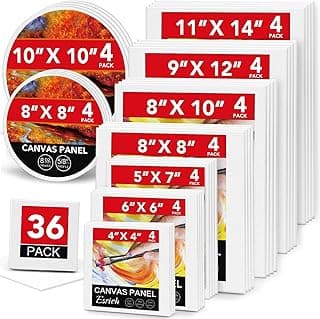 ESRICH Canvases for Painting, 36 Pack Canvas Boards 4x4, 6x6, 8x8, 5x7, 8x10, 9x12, 11x14, Round Canvas Panels with 8x8,10x10-Cotton Primed Blank Large Canvases for Acrylic, Oil, Gouache & Tempera.