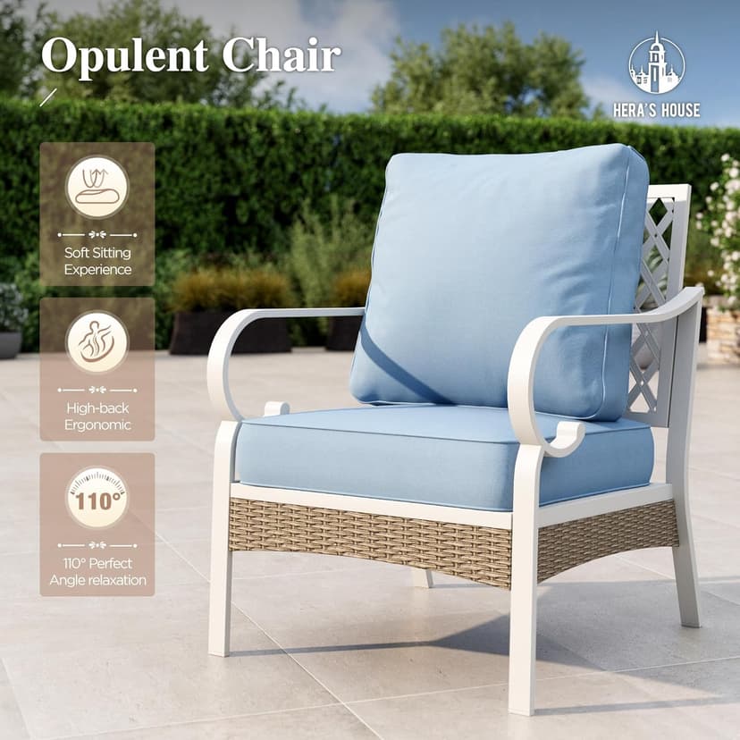 HERA'S HOUSE 5 Piece Metal Patio Furniture Set, 7 Seats All Weather Outdoor Conversation Set, 3 Seat Sofa with Loveseat, 2 Fixed Chairs, Coffee Table for Backyard, Garden, Deck, White/Blue