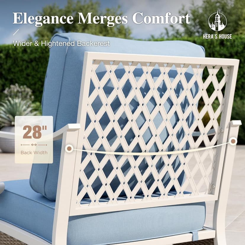 HERA'S HOUSE 5 Piece Metal Patio Furniture Set, 7 Seats All Weather Outdoor Conversation Set, 3 Seat Sofa with Loveseat, 2 Fixed Chairs, Coffee Table for Backyard, Garden, Deck, White/Blue