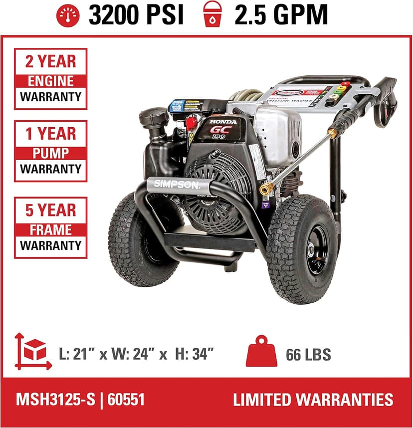 SIMPSON 3200PSI Gas Pressure Washer, 2.5GPM, Honda GC190 Engine, Spray Gun, 5 Nozzle Tips, 25ft Hose, 49 States