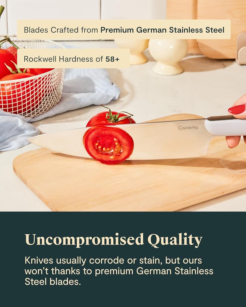 Caraway 14-Piece Kitchen Prep Set - Kitchen Knife Set & Wooden Utensil Set - Made With Premium German Steel Blades & FSC-Certified Birch Wood - Non-Toxic Materials - Includes Organizer - Cream
