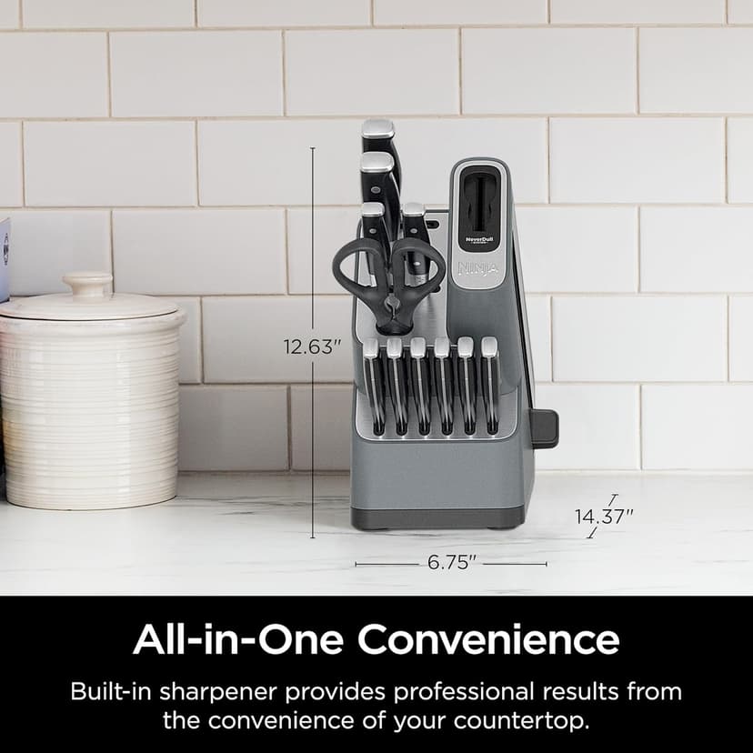 Ninja K32012 Foodi NeverDull Premium Knife System, 12 Piece Knife Block Set with Built-in Sharpener, German Stainless Steel Knives, Black