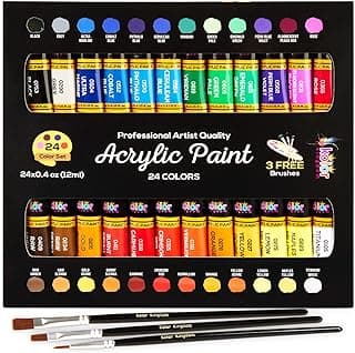 Acrylic Paint Set Canvas Art Paints 24 Colors Perfect Paint Finish (0.41oz,12 ml) With 3 Brushes - Painting Canvas, Paper, Wood, Rock, MDF, Ceramic & Fabric