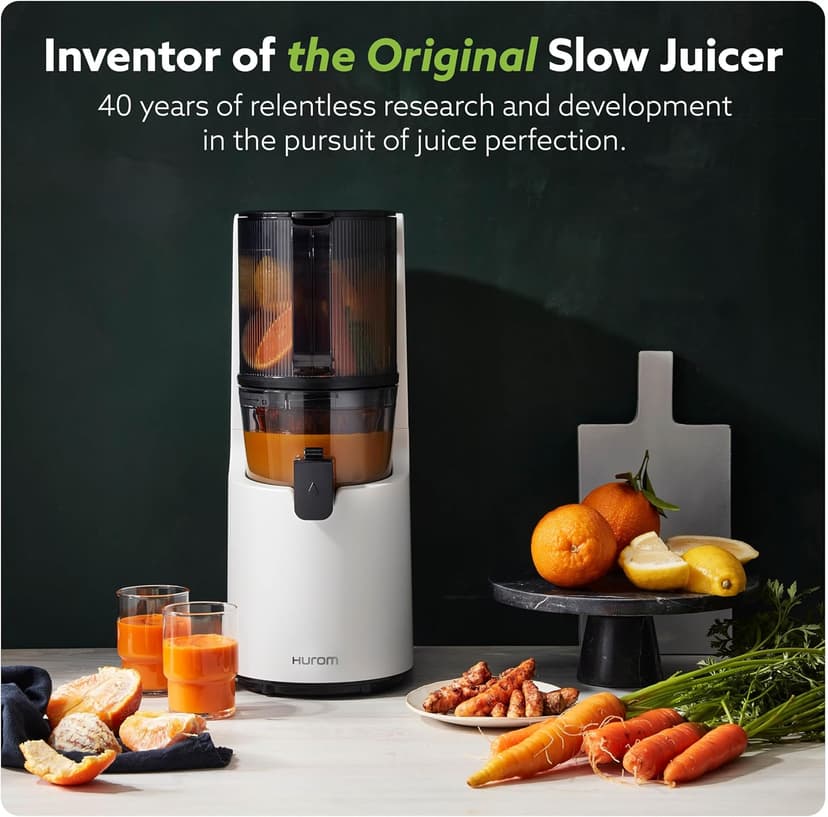 Hurom H-200 Electronic Slow Juicer Machine (Silver) - Self Feeding w Big Mouth Hopper to Fit Whole Fruits & Vegetables - Healthy Living - Easy Rinse Clean No Scrub BPA Free Easy Assembly