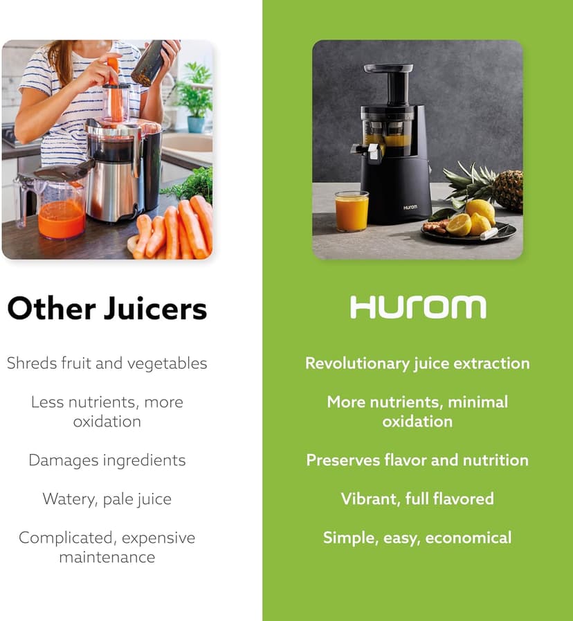 Hurom H-AA Cold Press Juicer Machine, Easy to Clean Masticating Slow Juicer, Coarse Strainer, Adjustable Lever, Minimal Juice Pulp, High Nutrient Extraction (Black)