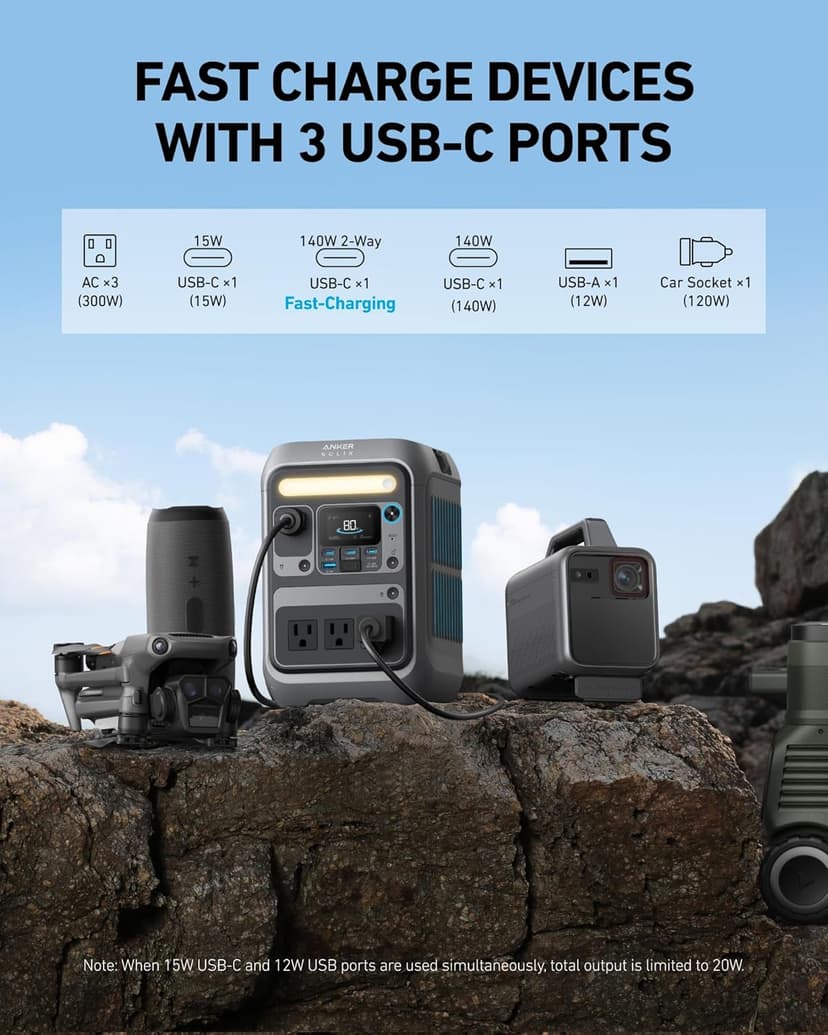 Anker Portable Power Station SOLIX C300, 288Wh LiFePO4 Battery, 300W (600W Surge) Solar Generator, 140W Two-Way Fast Charging, for Outdoor Camping, Traveling, and Emergencies (Solar Panel Optional)