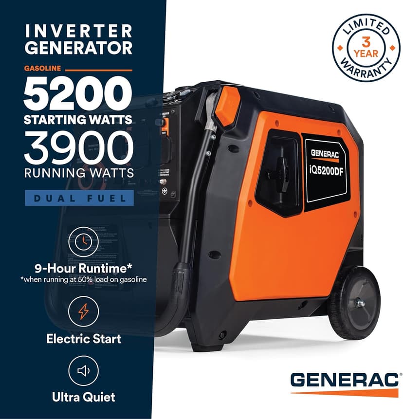 Generac 5,200-Watt Dual-Fuel Portable Inverter Generator - Gas and Propane Compatible - Compact and Lightweight Design - Clean, Stable Power - COsense Technology - Orange/Black - 50 State Compliant