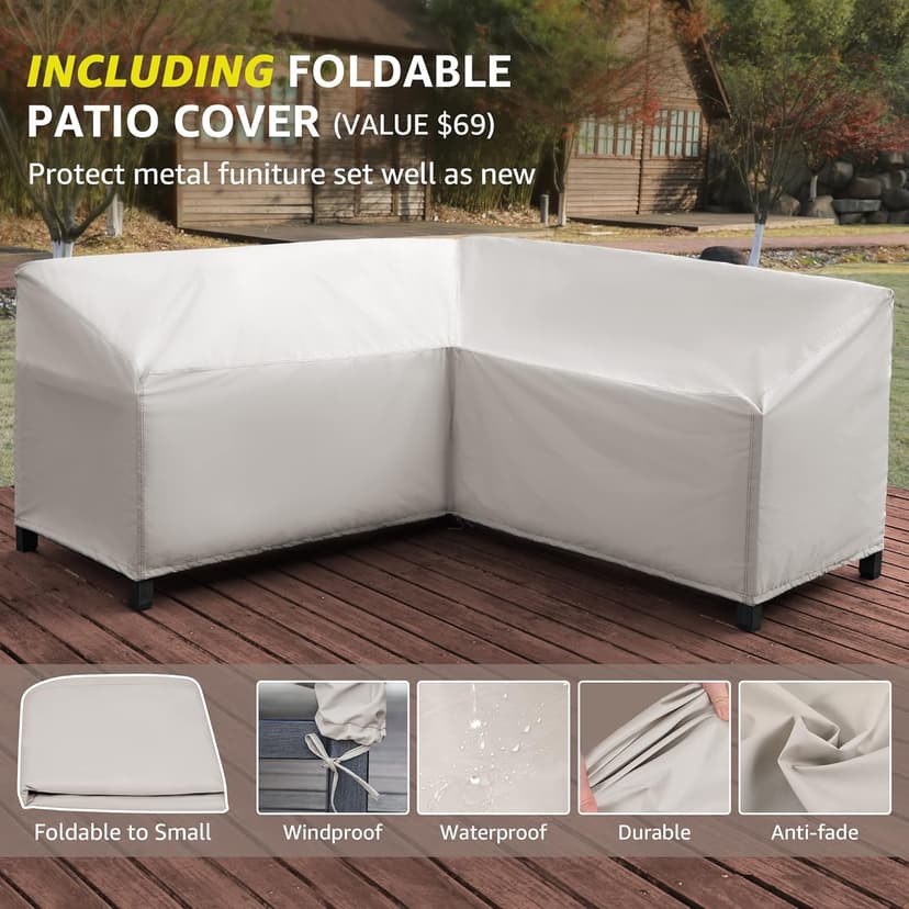 NATURAL EXPRESSIONS 6 Pieces Patio Furniture Sets, Metal Outdoor Sectional Furniture L Shape Patio Conversation Sets,Highback Frame,Metal Table,Large Waterproof Cover, 6.5" Olefin Cushions