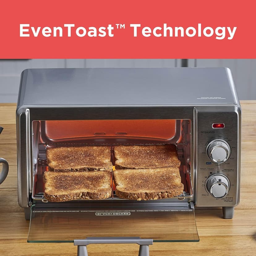 BLACK+DECKER Crisp 'N Bake Air Fry Countertop Convection Toaster Oven, Medium Capacity, 4-Slice, 5-in-1, Fits 9” Pizza, 30-Min Timer, Bake, Broil, Air Fry, Toast, Keep Warm, Stainless Steel