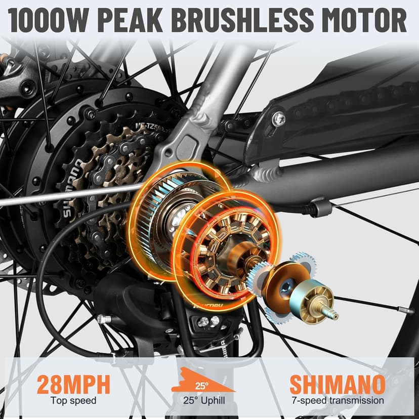 Core Electric Bike for Adults - Peak 1000W Brushless Motor Ebike, 468&500Wh Removable Built in Battery 26&27.5X2.1 Tire Step Over Bicycle with 7 Speed, Commute E Bikes