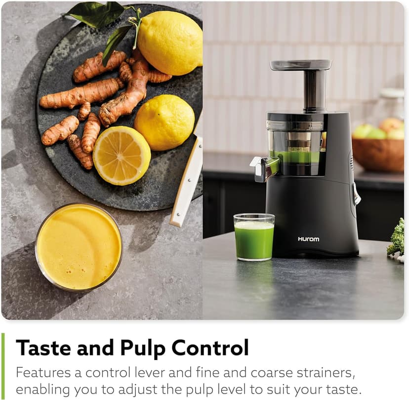 Hurom H-AA Cold Press Juicer Machine, Easy to Clean Masticating Slow Juicer, Coarse Strainer, Adjustable Lever, Minimal Juice Pulp, High Nutrient Extraction (Black)
