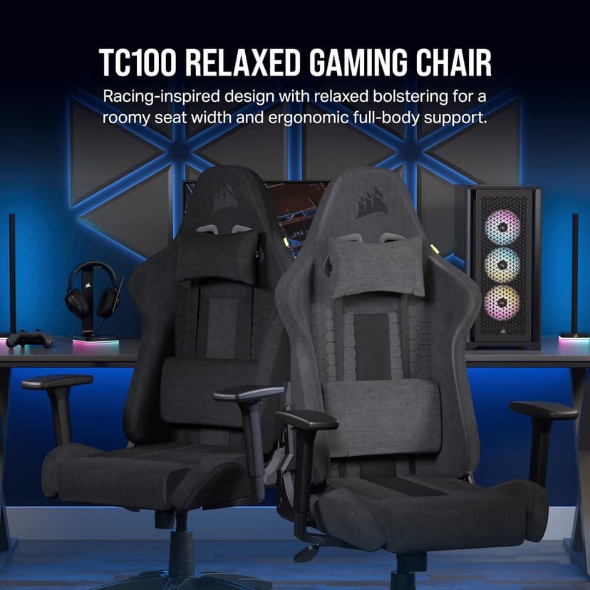 Corsair TC100 Relaxed Gaming Chair - Fabric - Racing-Inspired Design - Lumbar Pillow - Detachable Memory Foam Neck Pillow - Adjustable Seat Height - Adjustable Armrests - Black
