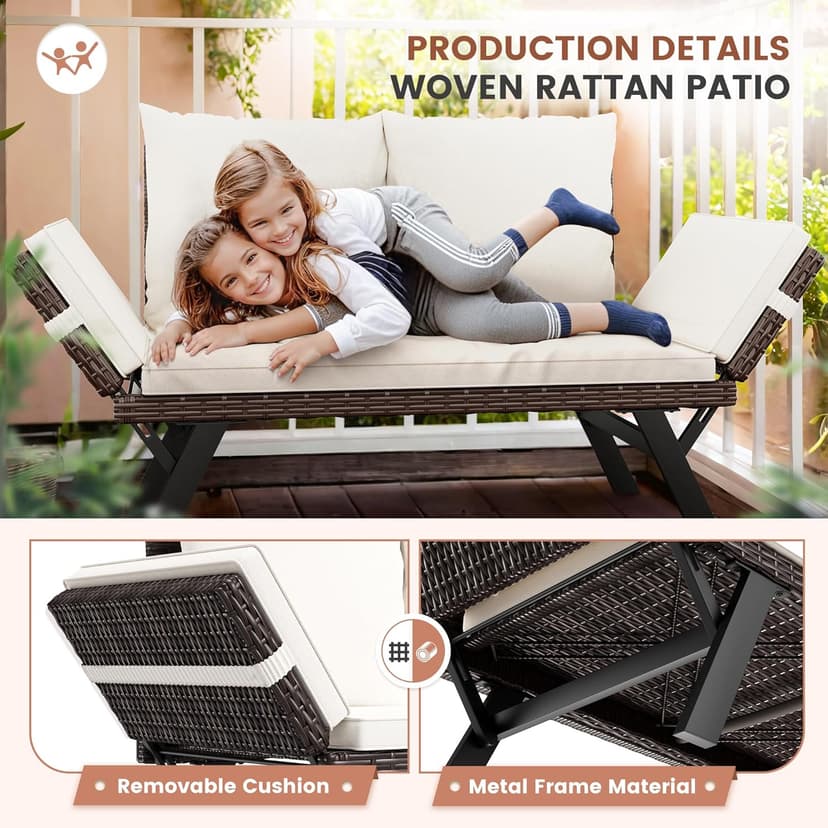 Flamaker Outdoor Convertible Sofa, Woven Rattan Patio Furniture Sunbed with Adjustable Armrests, Removable Cushions and Pillows for Patio, Porch, Pool (Brown Lounger & Beige Pillowcase)