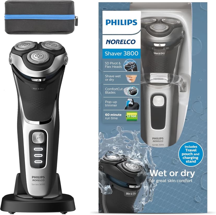Philips Norelco Shaver 3800, Rechargeable Wet & Dry Shaver with Pop-up Trimmer, Charging Stand and Storage Pouch, Space Gray, S3311/85