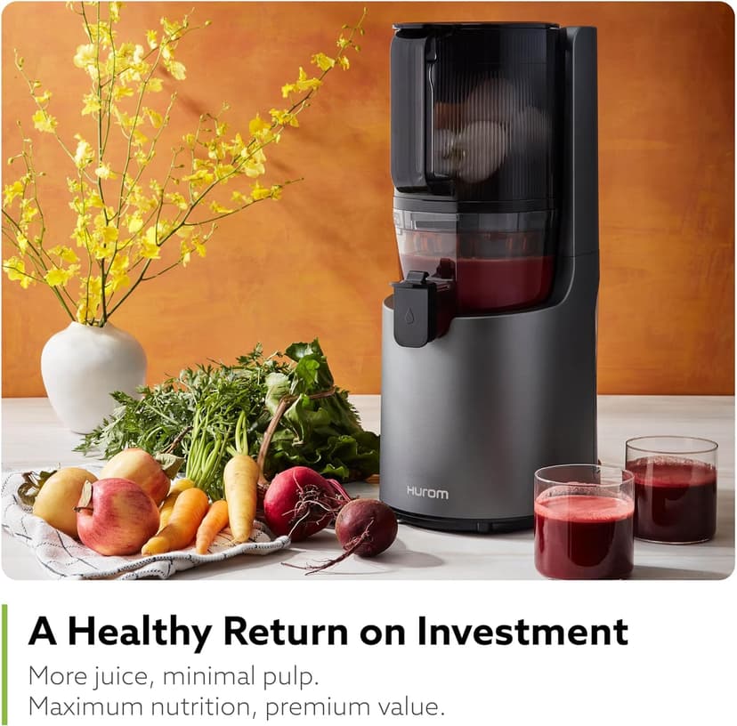 Hurom H-200 Electronic Slow Juicer Machine (Silver) - Self Feeding w Big Mouth Hopper to Fit Whole Fruits & Vegetables - Healthy Living - Easy Rinse Clean No Scrub BPA Free Easy Assembly